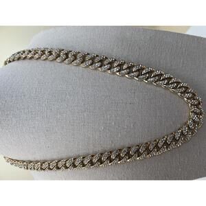 Heavy Gold Tone Cuban Link Chain Necklace with Rhinestones